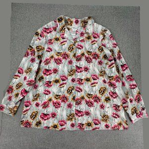 Modern Essentials Woman Button Down Top Blouse Floral Collared Plus 20W Gray Red